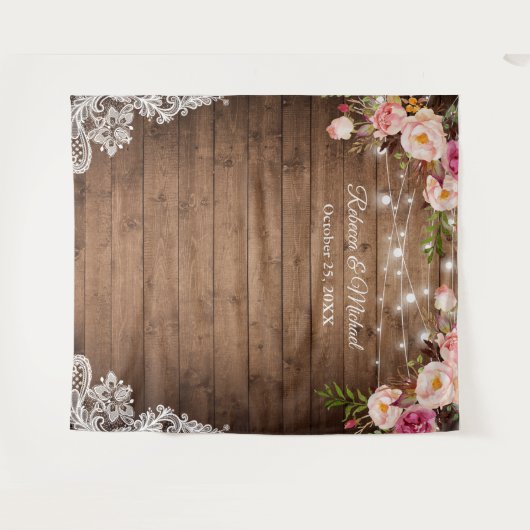 Rustieke bloem slingerlichten houten bruiloft acht wandkleed (Voorkant (horizontaal))
