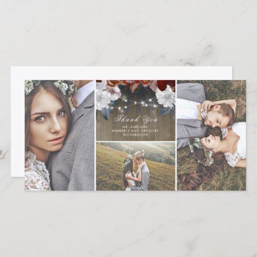 Rustieke bloem slingerlichten houten bruiloft beda bedankkaart (Voorkant / Achterkant)