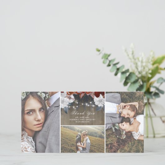 Rustieke bloem slingerlichten houten bruiloft beda bedankkaart (Staand voorkant)