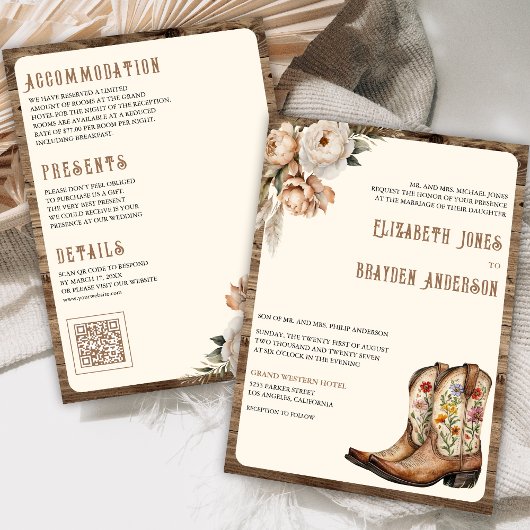 Rustieke Bloem Westerse Cowboylaarzen QR Code Huwe Kaart