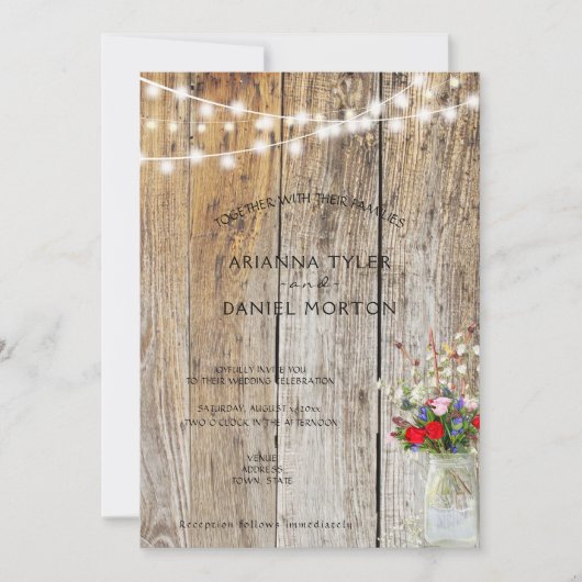 Rustieke bloemboeket metsenen vaas en slingerlicht kaart (Voorkant)