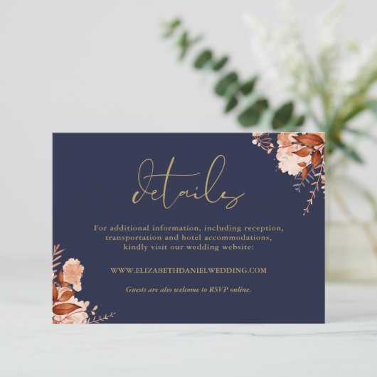 Rustieke bloemdetails in marineblauw en goud voor  informatiekaartje (Staand voorkant)