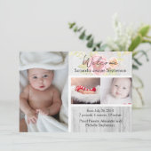 Rustieke Bloemen 3 Foto Meisje Baby Geboorte Aanko Kaart (Staand voorkant)