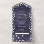 Rustieke Bloemen Baby's Breath Navy Blauw Hout Bru All In One Uitnodiging (Binnen)