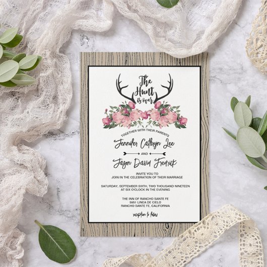 Rustieke Bloemen Barnwood Hunt is Over Bruiloft RS RSVP Kaartje