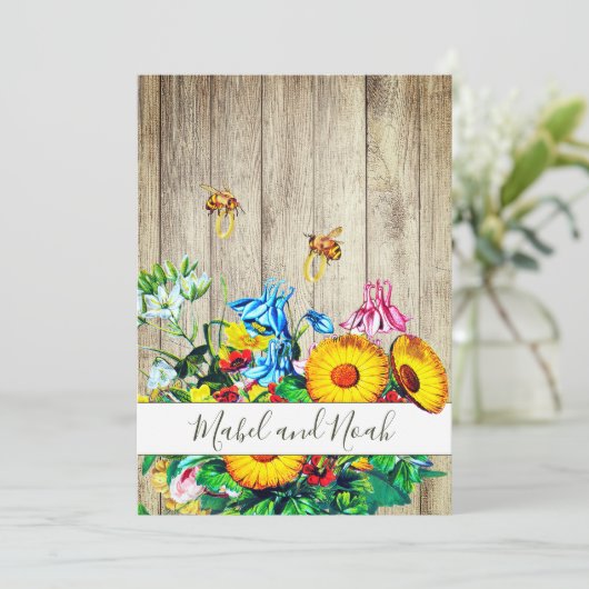 Rustieke Bloemen Bijen Goud Eco bruiloft uitnodigi Kaart (Staand voorkant)