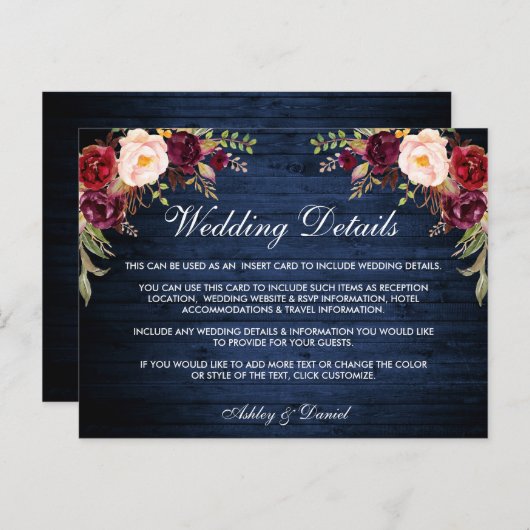 Rustieke Bloemen Blauw Hout Wedding Details Kaart (Voorkant / Achterkant)