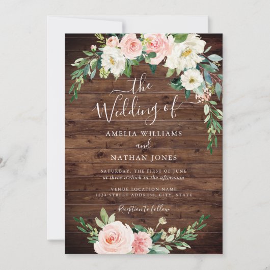 Rustieke Bloemen Blush Gouden Krans Trouwen Kaart (Voorkant)