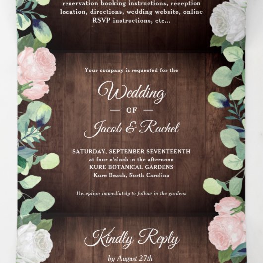 Rustieke Bloemen Blush Roze Rozen Groen Bruiloft Drieluik Uitnodiging (Binnenkant midden)