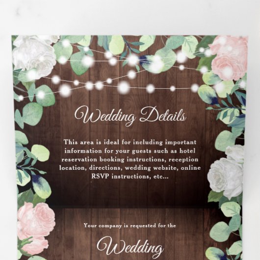 Rustieke Bloemen Blush Roze Rozen Groen Bruiloft Drieluik Uitnodiging (Binnenzijde eerst)