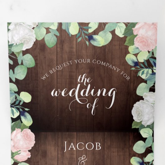 Rustieke Bloemen Blush Roze Rozen Groen Bruiloft Drieluik Uitnodiging (Binnenzijde eerst)