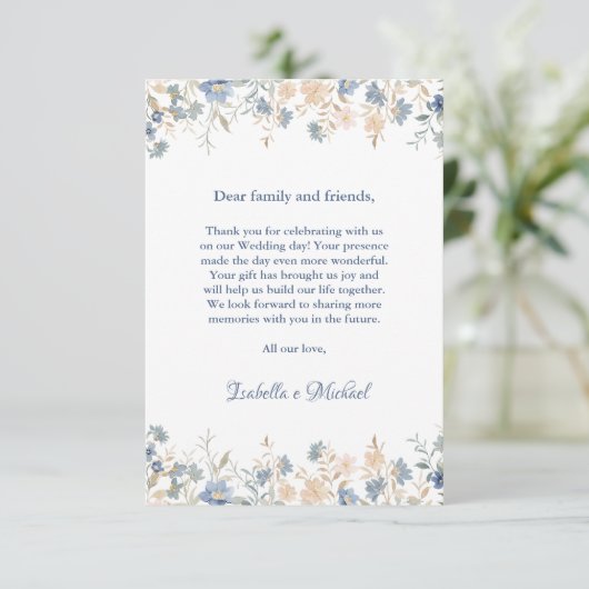 Rustieke Bloemen Boho Blauw en Beige bruiloft Bedankkaart (Staand voorkant)