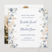Rustieke Bloemen Boho Blauw en Beige bruiloft Save The Date (Voorkant / Achterkant)