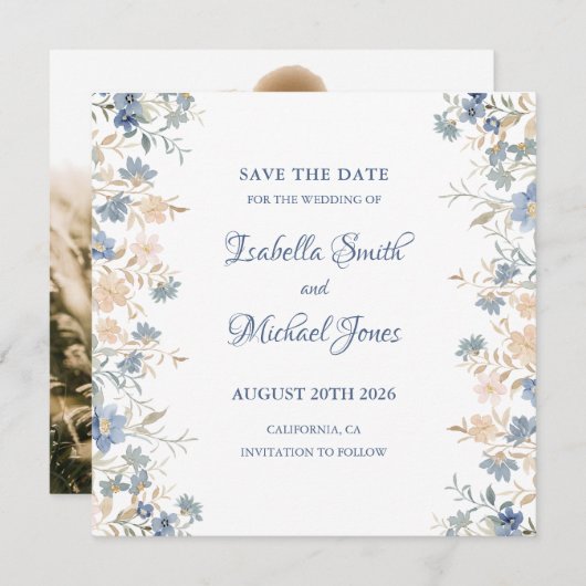 Rustieke Bloemen Boho Blauw en Beige bruiloft Save The Date (Voorkant / Achterkant)