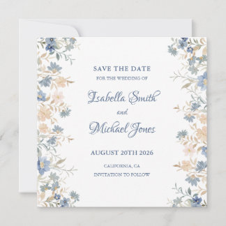 Rustieke Bloemen Boho Blauw en Beige bruiloft Save The Date