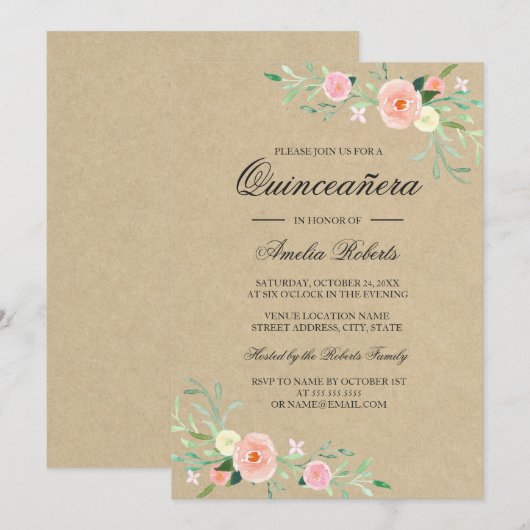 Rustieke Bloemen Boho Quinceanera Uitnodiging (Voorkant / Achterkant)