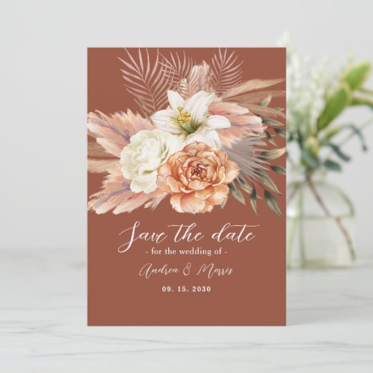 Rustieke Bloemen Boho Terracotta Bruiloft Save The Date (Staand voorkant)