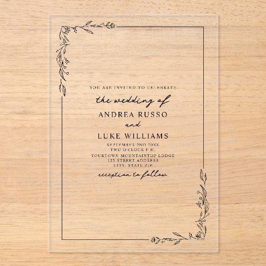  rustieke bloemen botanische grens bruiloft acryl uitnodigingen (Voorkant)