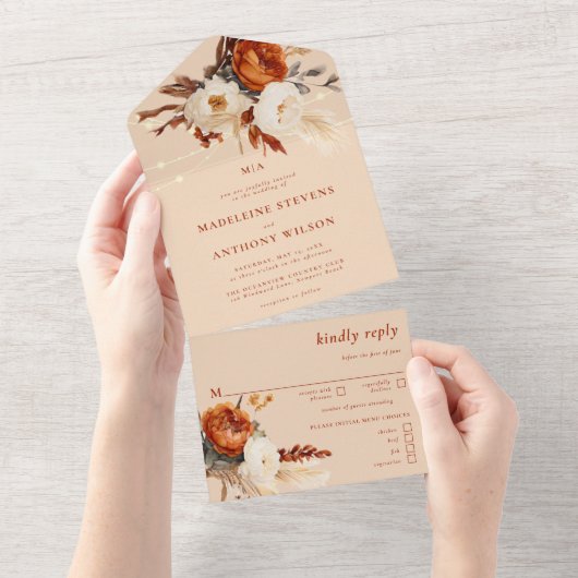 Rustieke Bloemen Botanische Pampas Herfst Boho Huw All In One Uitnodiging (Afscheurbaar)