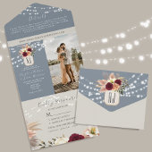 Rustieke Bloemen Bourgondië en Dusty Blue Wedding All In One Uitnodiging