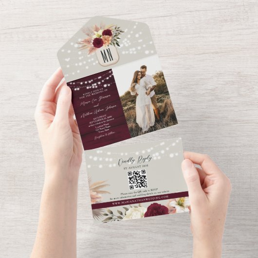 Rustieke Bloemen Bourgondië Fall Wedding All In One Uitnodiging (Afscheurbaar)