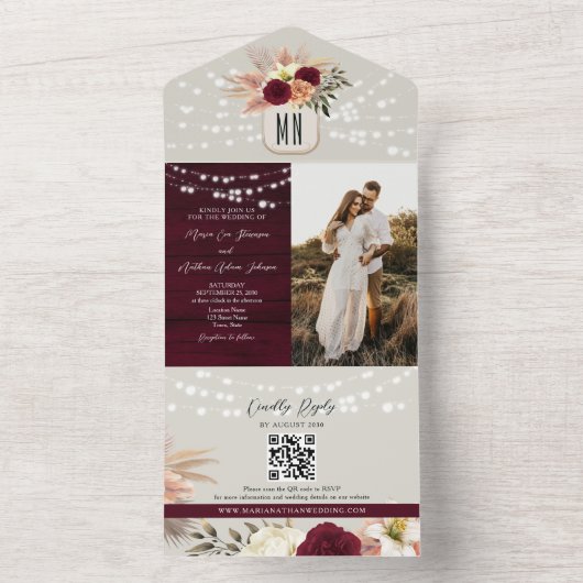 Rustieke Bloemen Bourgondië Fall Wedding All In One Uitnodiging (Binnen)