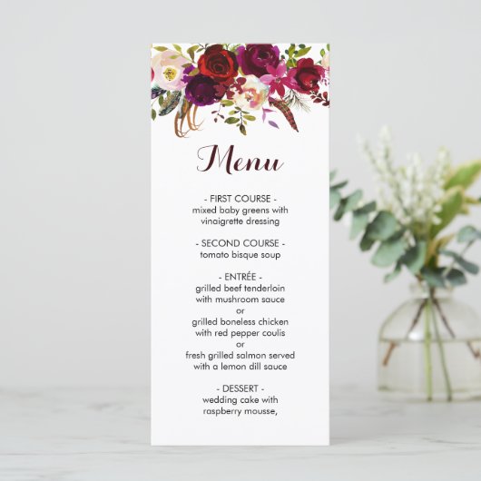 Rustieke Bloemen Bourgondië Marsala Menu Kaart (Staand voorkant)