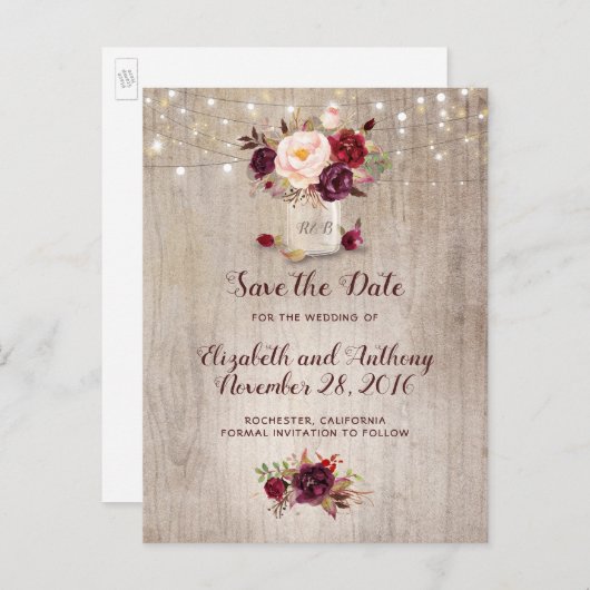 Rustieke Bloemen Bourgondië Save the Date Aankondigingskaart (Voorkant / Achterkant)