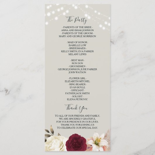 Rustieke bloemen Bourgondische bruiloft programma Programmakaart (Achterkant)