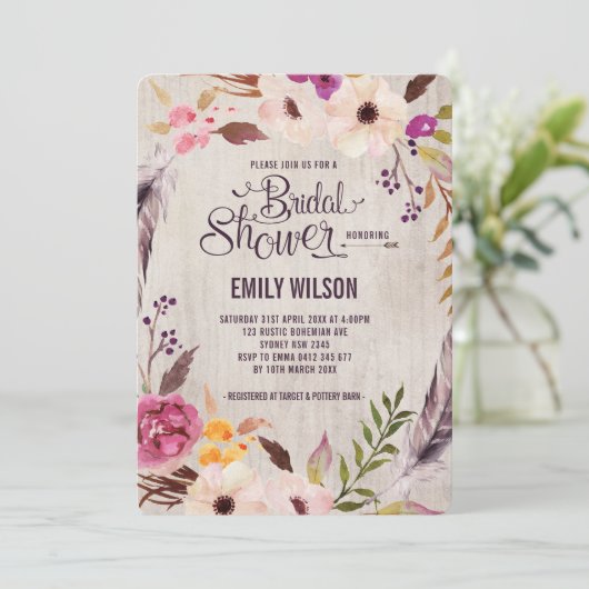 Rustieke Bloemen Bruids Douche Uitnodiging Boho Pa (Staand voorkant)