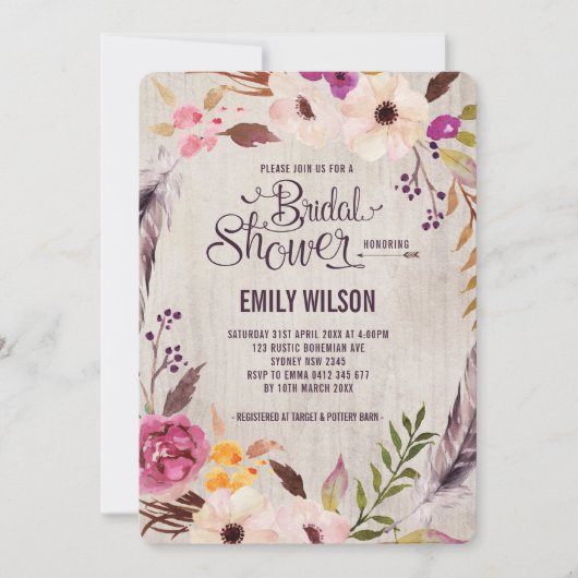 Rustieke Bloemen Bruids Douche Uitnodiging Boho Pa (Voorkant)