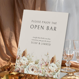 Rustieke Bloemen Bruin Neutraal Bruiloft Open Bar Reclamebord Met Voetstuk