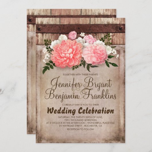 Rustieke Bloemen Burlap en Hout Fall Wedding Kaart (Voorkant / Achterkant)