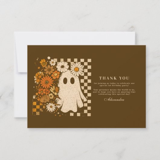 Rustieke Bloemen Checkerboard Ghost 1st Verjaardag Bedankkaart (Voorkant)