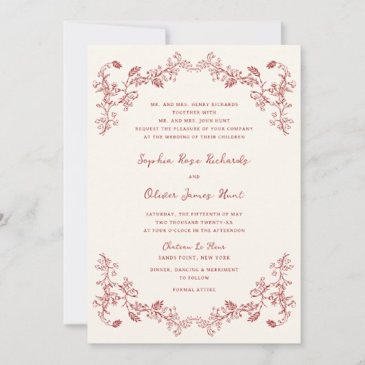 Rustieke  Bloemen Crimson Rode bruiloft Kaart (Voorkant)