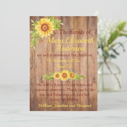 Rustieke Bloemen Dood en Begrafenis Aankondiging (Staand voorkant)