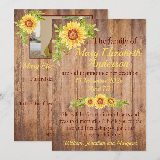 Rustieke Bloemen Dood en Begrafenis Aankondiging (Voorkant / Achterkant)