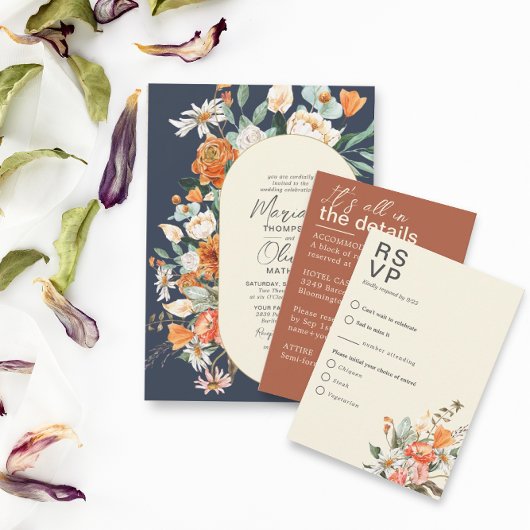 Rustieke bloemen Dubbele boog Marine bruiloft Kaart