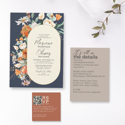 Rustieke bloemen Dubbele boog Marine bruiloft Kaart