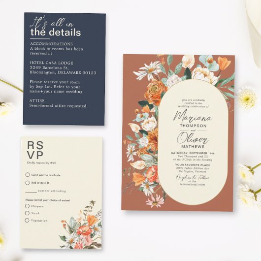 Rustieke bloemen Dubbele boog Terracotta bruiloft Kaart