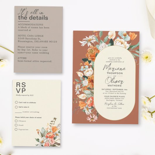 Rustieke bloemen Dubbele boog Terracotta bruiloft Kaart