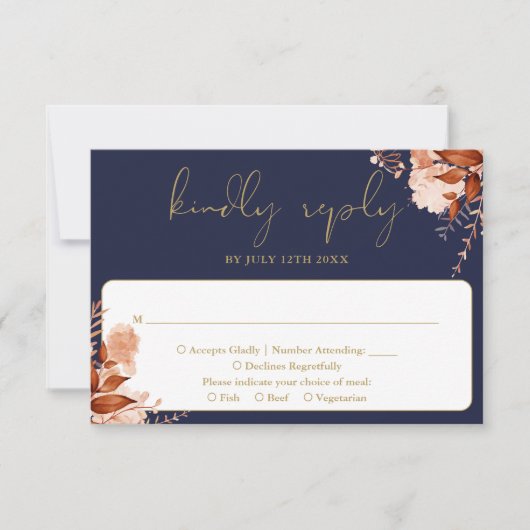 Rustieke Bloemen Elegante Marine Blauw en Goud Huw RSVP Kaartje (Voorkant)