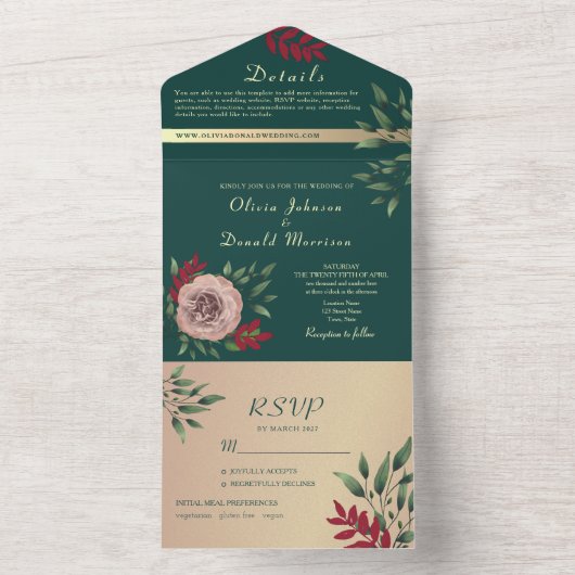 Rustieke Bloemen Emerald Groene Bruiloft All In One Uitnodiging (Binnen)