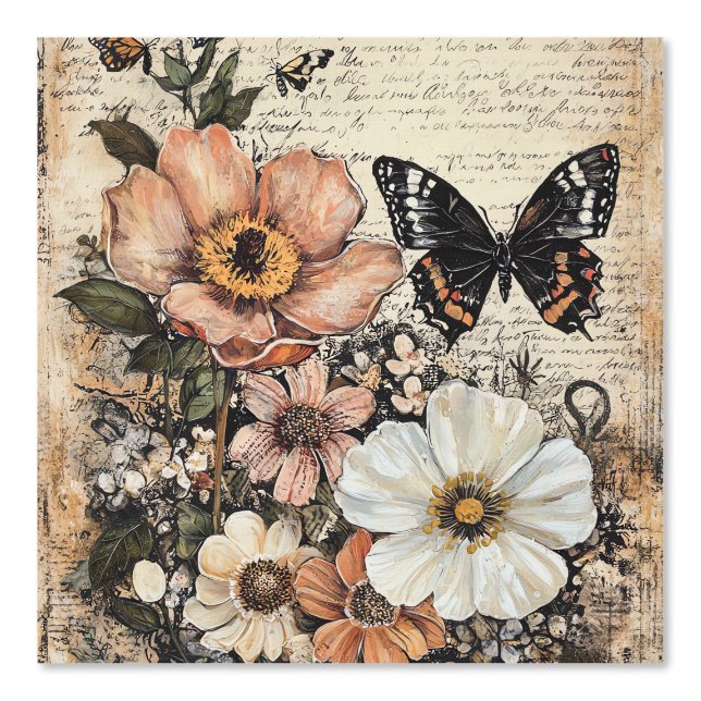 Rustieke bloemen en vlinder - Ouderwets (14) Behang (Voorkant)