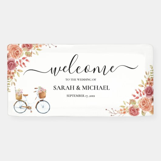 Rustieke Bloemen Fiets Huwelijk Welkom Spandoek (Horizontaal)