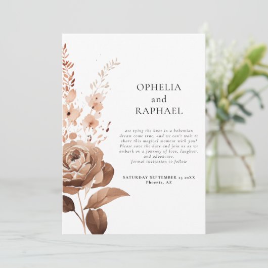 Rustieke bloemen foto overlay QR code Boho bruilof Save The Date (Staand voorkant)