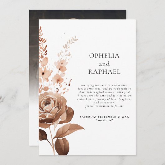 Rustieke bloemen foto overlay QR code Boho bruilof Save The Date (Voorkant / Achterkant)