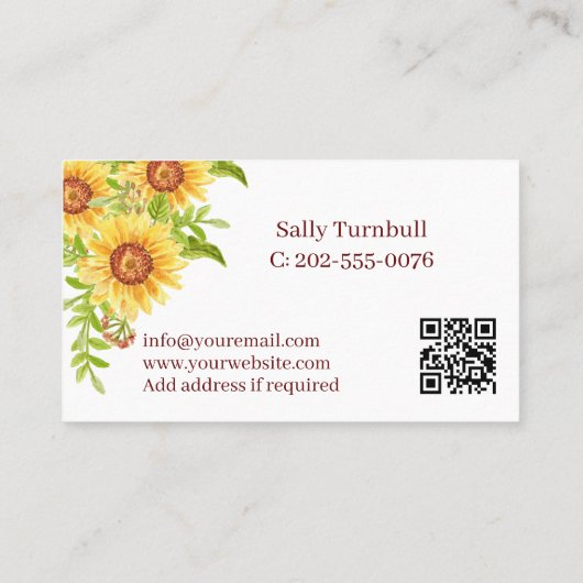 Rustieke Bloemen Gele Zonnebloem QR Code Visitekaartje (Achterkant)