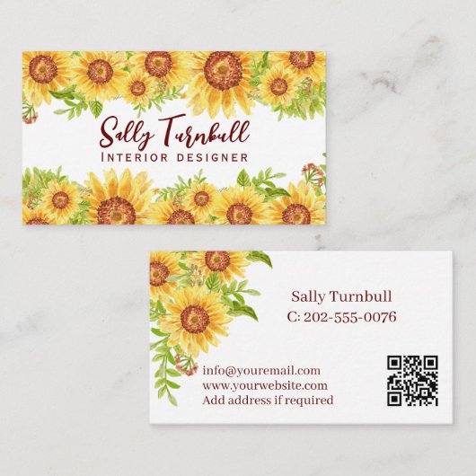 Rustieke Bloemen Gele Zonnebloem QR Code Visitekaartje (Voorkant / Achterkant)