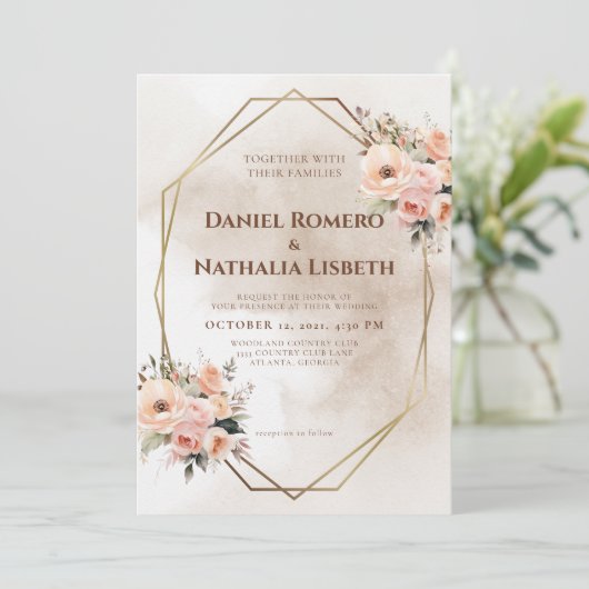 Rustieke Bloemen Geometrische Gouden Lijst Wedding Kaart (Staand voorkant)